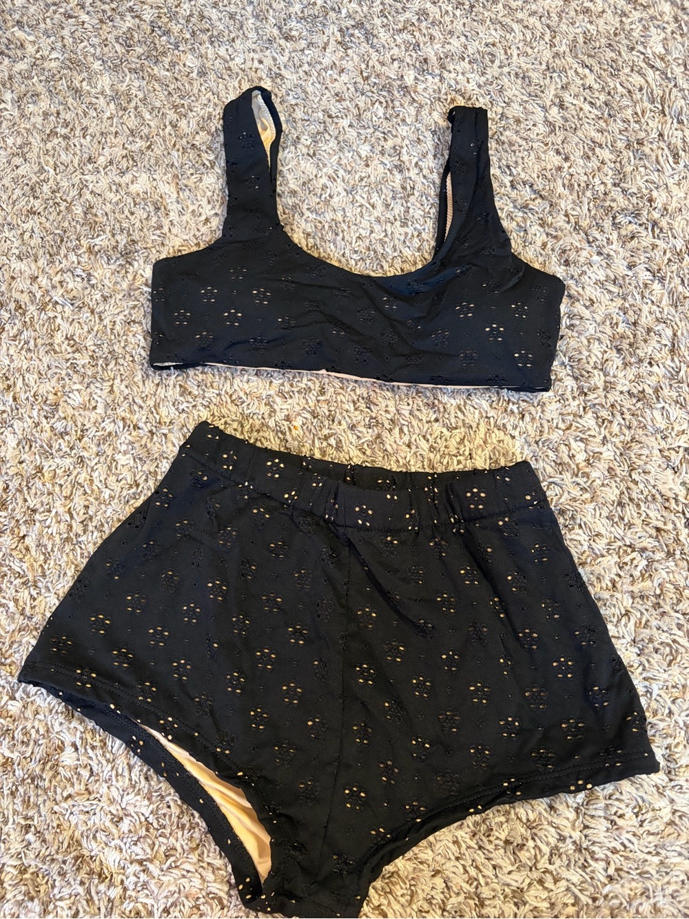 Berlook Black Eyelet Bikini Set with Bralette and Full Coverage Bottoms